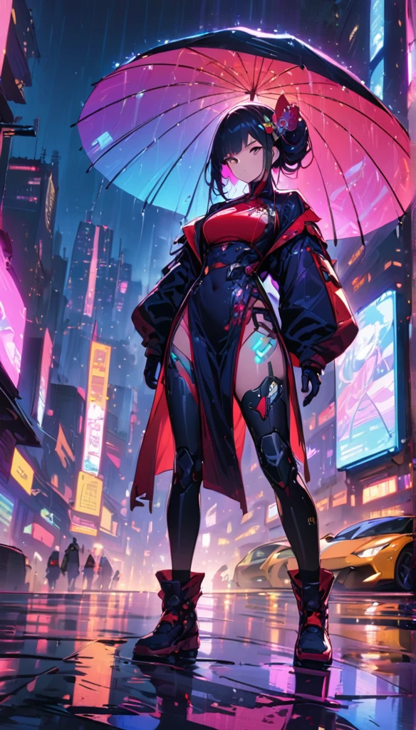 (best quality), (Super fine), (masterpiece), illustration, A girl China costume cyberpunk, (Holding an umbrella)，（cyberpunk，China costume，cybernetic implants），hair accessories, bright colors，dynamic lighting，neon lights，glowing city skyline，Holographic projection，Fashion clothing and shoes of the future，A combination of traditional and modern elements，Avant-garde makeup，Exquisite hairstyle，confidence and determination，city environment，downpour，Reflection on slippery road，metallic feel，Mechanical armor, Gorgeous accessories，high-tech products，Impressive cybernetic enhancements，Clear focus，gnarly details, Overclocked rendering, Cinematic edge light, fine light, masterpiece, Super details, epic work, ultra high definition, high quality, 32k