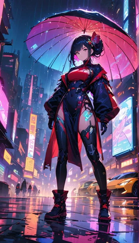 (best quality), (Super fine), (masterpiece), illustration, A girl China costume cyberpunk, (Holding an umbrella)，（cyberpunk，Chin...