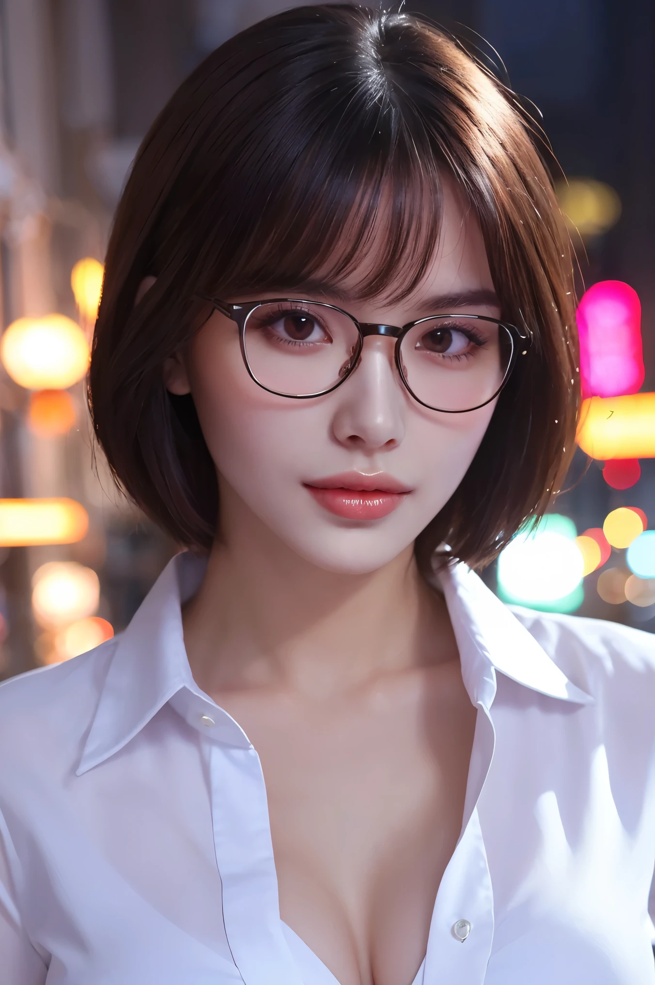 (highest quality、Tabletop、8k、Best image quality、Award-winning works)、One beautiful woman、Age 25、Perfect beautiful composition、(Very short straight hair:1.1)、(Classy glasses:1.1)、Cleavage、A big bust that seems to burst、Accentuate your body lines、(Perfect and precise white polyester shirt:1.3)、look at me、Perfect Makeup、Fascinating、Overflowing with sexiness、Lustrous and bright lips、Accurate anatomy、(Face close-up:1.3)、look at me、(The most atmospheric lighting:1.1)、(Moody and romantic atmosphere blurred red light district street background:1.2)、Perfect Makeup、Ultra-high definition beauty face、Ultra HD Hair、Ultra-high definition moisturizing eyes、(Ultra High Resolution Perfect Teeth:1.1)、(Ultra-high resolution glossy skin:1.1)、Ultra-high quality glossy lips