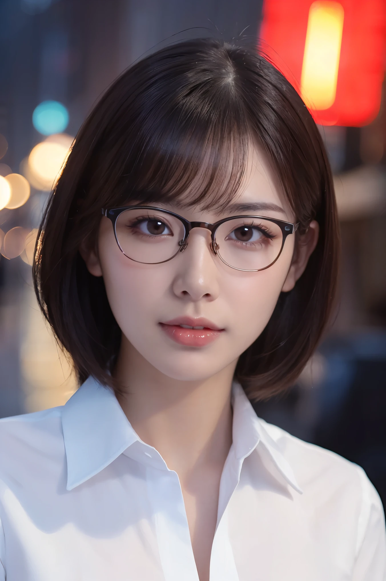 (highest quality、Tabletop、8k、Best image quality、Award-winning works)、One beautiful woman、Age 25、Perfect beautiful composition、(Very short straight hair:1.1)、(Classy glasses:1.1)、Cleavage、A big bust that seems to burst、Accentuate your body lines、(Perfect and precise white polyester shirt:1.3)、look at me、Perfect Makeup、Fascinating、Overflowing with sexiness、Lustrous and bright lips、Accurate anatomy、(Face close-up:1.3)、look at me、(The most atmospheric lighting:1.1)、(Moody and romantic atmosphere blurred red light district street background:1.2)、Perfect Makeup、Ultra-high definition beauty face、Ultra HD Hair、Ultra-high definition moisturizing eyes、(Ultra High Resolution Perfect Teeth:1.1)、(Ultra-high resolution glossy skin:1.1)、Ultra-high quality glossy lips