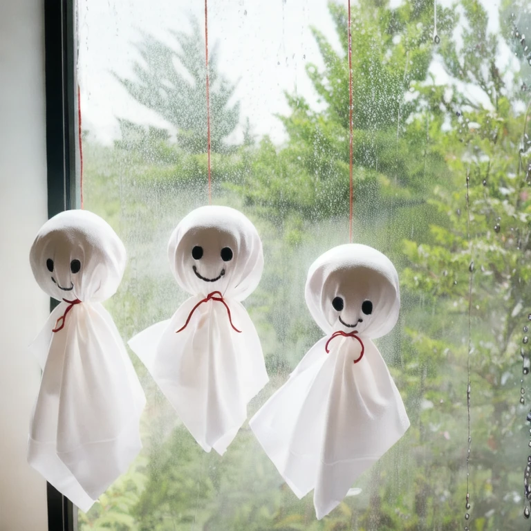 (masterpiece, best quality:1.2), 3 paper ghosts hanging from a window, it's raining, by Maeda Masao, pexels, anime style by Good Smile Company, wearing white clothes, tissue decoration, 💣💥💣💥, chiffon, parachute, happy tree, made of fog, 3 6 0 p, abcdefghijklmnopqrstuvwxyz, tutorial, flying angel, live