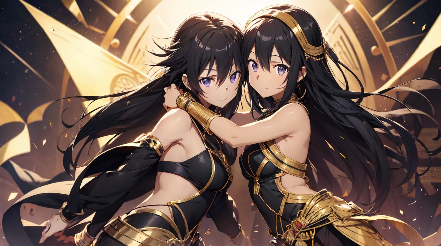 Kirito black egyptian dancer&#39;s clothing black skin, purple eyes, blushing smile, standing alone on the stage, Super huge breasts full-body shot looking at the camera 