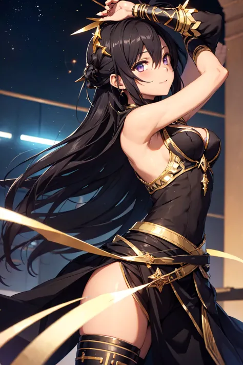 kirito black egyptian dancer&#39;s clothing black skin, purple eyes, blushing smile, standing alone on the stage, super huge bre...