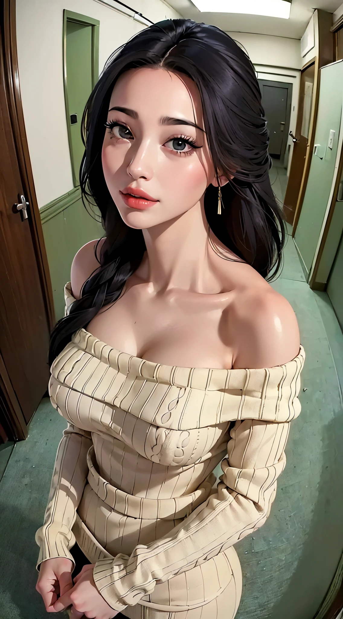 (((Highly detailed CG unit 8k wallpaper:1.2, masterpiece, High resolution:1.2, highest quality:1.2, Tabletop))), ((Very beautiful woman, One off-the-shoulder knit sweater dress:1.3、 body line beautifully:1.6)), ((Highly detailed face, Highly detailed black eyes, Highly detailed body, highest qualityのリアルテクスチャスキン)), (Black-haired:1.2, Long-haired person, White skin, smile), ((As if peering into the screen、An empty alley, Mileland, Hallway of the apartment:1.2)), (Outdoor、Corridor outside the apartment、Dim lighting:1.5, night:1.5, High Angle:1.2, close, Fisheye Lens:1.4), Surreal, Digital Paint,