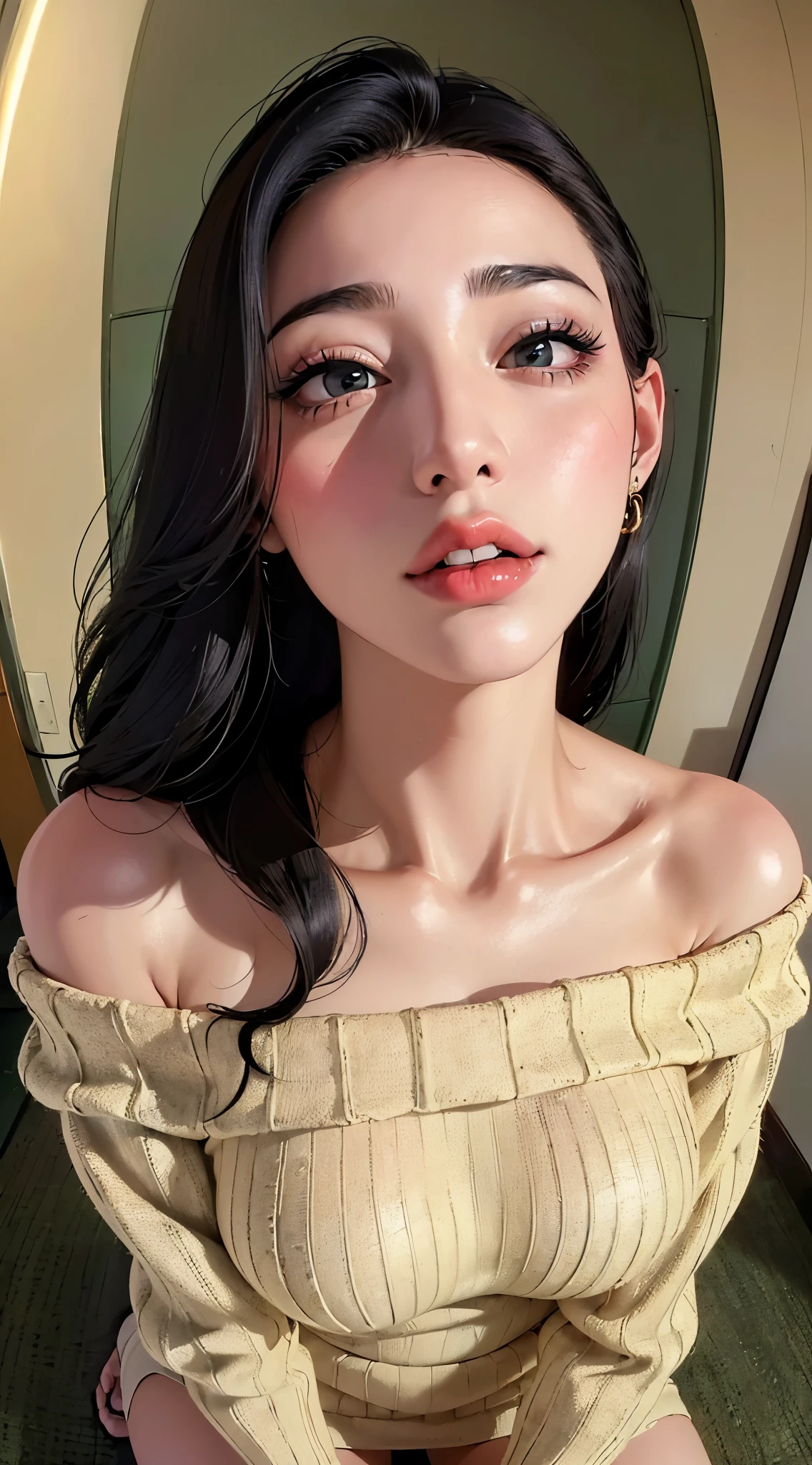 (((Highly detailed CG unit 8k wallpaper:1.2, masterpiece, High resolution:1.2, highest quality:1.2, Tabletop))), ((Very beautiful woman, One off-the-shoulder knit sweater dress:1.3、 body line beautifully:1.6)), ((Highly detailed face, Highly detailed black eyes, Highly detailed body, highest qualityのリアルテクスチャスキン)), (Black-haired:1.2, Long-haired person, White skin, smile), ((As if peering into the screen、An empty alley, Mileland, Hallway of the apartment:1.2)), (Outdoor、Corridor outside the apartment、Dim lighting:1.5, night:1.5, High Angle:1.2, close, Fisheye Lens:1.4), Surreal, Digital Paint,