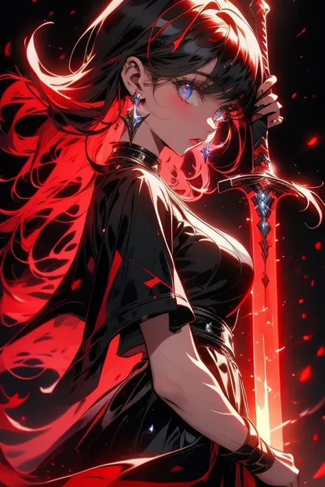 1girl,solo,cool,red hair,holding a sword,around darkness,shining eye,blue eye,knight,dress