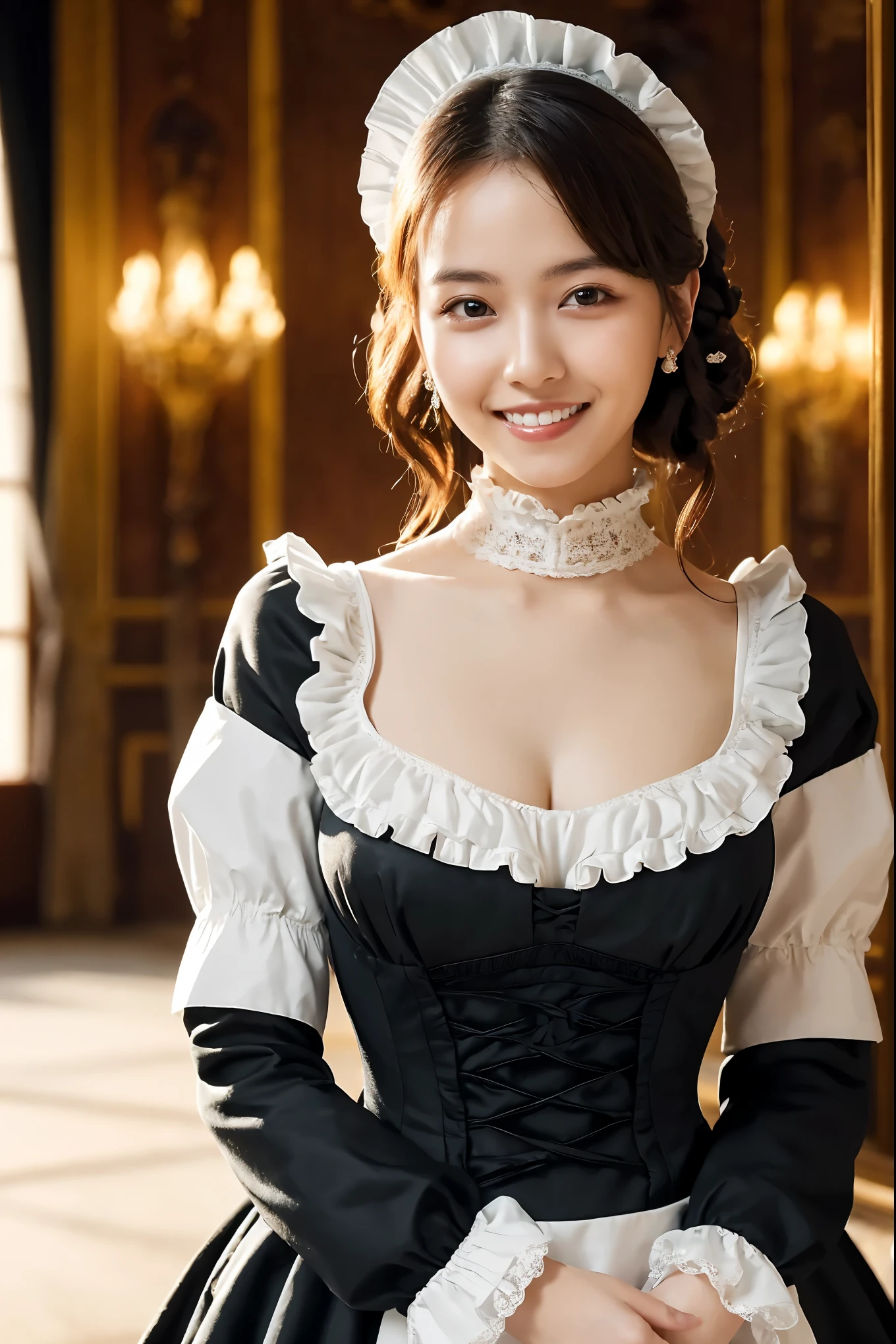 (highest quality、Tabletop、8k、Best image quality、Award-winning works)、One beautiful woman、Glowing Beautiful Skin、(The finest and most gorgeous Victorian maid dresses:1.3)、Maid uniform with apron、Maid clothes with frills、Huge black and white maid dress、Gorgeous long skirt maid outfit、Shining Ultra HD Skin、(Accurate anatomy:1.1)、A gentle Look at me and smile、(Photo from the waist up:1.1)、Cleavage、(Standing Elegantly:1.1)、(Blurred background of the most gorgeous mansion:1.2)、Portrait Photography、(Very atmospheric, romantic and warm lighting:1.1)、光を受けてGlowing Beautiful Skin、(The most detailed and perfect face:1.1)、(The most detailed glowing eyes:1.1)、(Beautiful and moisturized skin:1.1)、Look at me and smile