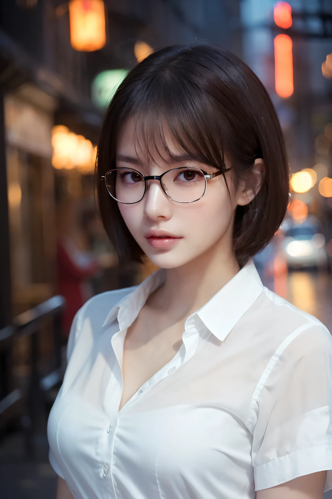 (highest quality、Tabletop、8k、Best image quality、Award-winning works)、One beautiful woman、Age 25、Perfect beautiful composition、(Very short straight hair:1.1)、(Classy glasses:1.1)、(Cleavage:1.1)、(Voluptuous body:1.1)、A big bust that seems to burst、(Accentuate your body lines:1.1)、(Perfect and precise white polyester shirt:1.3)、look at me、Perfect Makeup、Fascinating、Overflowing with sexiness、Lustrous and bright lips、Accurate anatomy、(Face close-up:1.3)、look at me、(The most atmospheric lighting:1.1)、(Moody and romantic atmosphere blurred red light district street background:1.2)、Perfect Makeup、Ultra-high definition beauty face、Ultra HD Hair、Ultra-high definition moisturizing eyes、(Ultra High Resolution Perfect Teeth:1.1)、(Ultra-high resolution glossy skin:1.1)、Ultra-high quality glossy lips