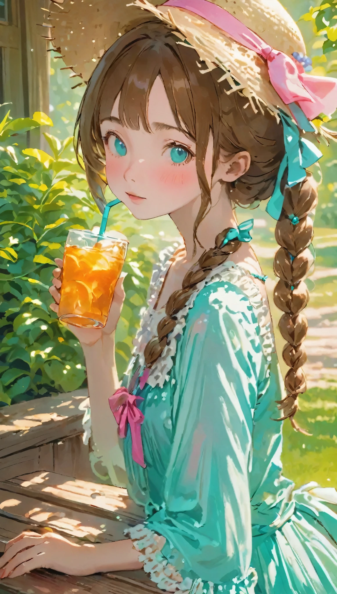 A hot summer day, a girl is drinking iced barley tea, beads of sweat on her forehead, shoulder-length brown pigtails tied with pink ribbons, aqua eyes glistening, sitting on a wooden porch with green garden background, wearing a light summer dress with floral patterns, straw hat beside her, dynamic angle from slightly above, capturing the heat and her refreshing drink, vivid colors to emphasize the contrast between the heat and the cold drink, expressive relief on her face.