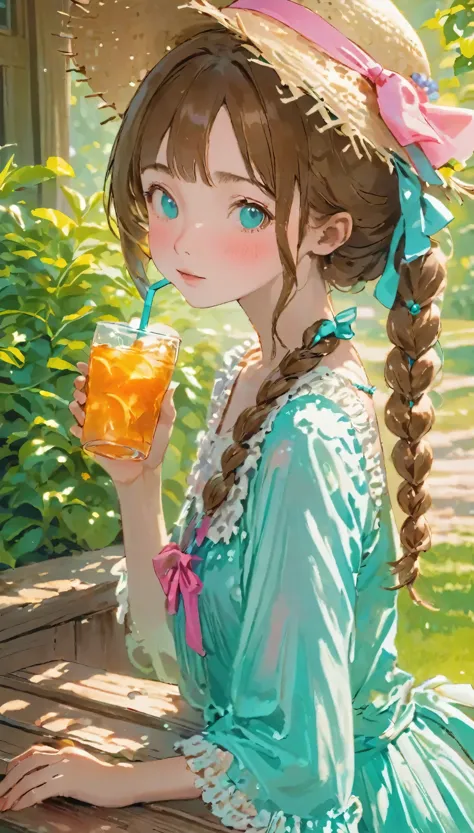 A hot summer day, a girl is drinking iced barley tea, beads of sweat on her forehead, shoulder-length brown pigtails tied with p...