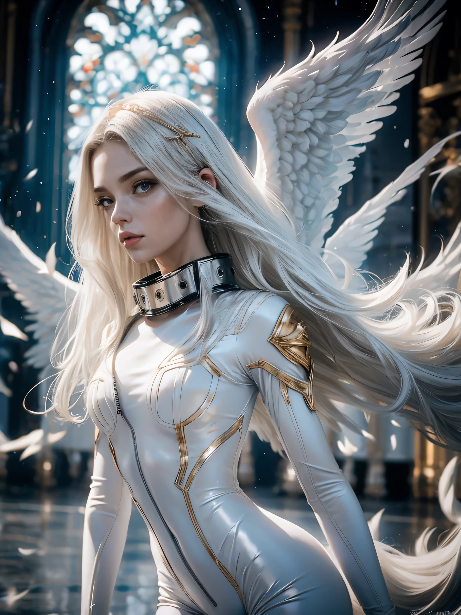 (mejor calidad,8K:1.2,high resolution:1.2),ultra detallado,realista,femenino,pelo largo y rizado negro,Cara extremadamente detallada,long eyelashes,Big white angel wings,white latex catsuit with gold details,accesorios metalicos,physically based rendering,Sharp focus,fondo blanco neutro