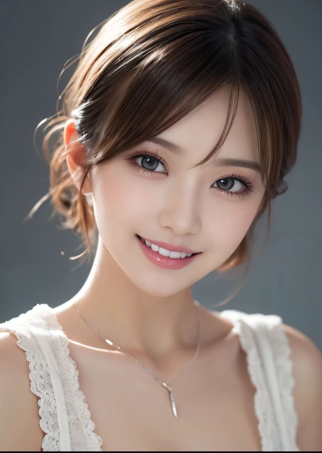 One Girl, makeup:1.3、Eyeshadow 1.3、(Wear trendy fashion:1.2), (RAW Photos, highest quality), (Realistic, Realistic:1.4), Tabletop, Very delicate and beautiful, Very detailed, 2k wallpaper, wonderful, In detail, Very detailed CG Unity 8k wallpaper, Very detailedな, High resolution, Soft Light, Beautiful detailed girl, Looking into the camera、Very detailedな目と顔, Beautiful and detailed nose, Beautiful details, short hair, small, Milky white sheer dress、White Background、The background is gray、Cinema Lighting, Perfect Anatomy, Slender body, smile, 