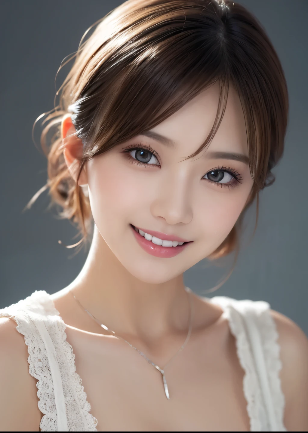 One Girl, makeup:1.3、Eyeshadow 1.3、(Wear trendy fashion:1.2), (RAW Photos, highest quality), (Realistic, Realistic:1.4), Tabletop, Very delicate and beautiful, Very detailed, 2k wallpaper, wonderful, In detail, Very detailedな CG Unity 8K 壁紙, Very detailedな, High resolution, Soft Light, Beautiful detailed girl, Looking into the camera、Very detailedな目と顔, Beautiful and detailed nose, Beautiful details, short hair, small, Milky white sheer dress、White Background、The background is gray、Cinema Lighting, Perfect Anatomy, Slender body, smile, 