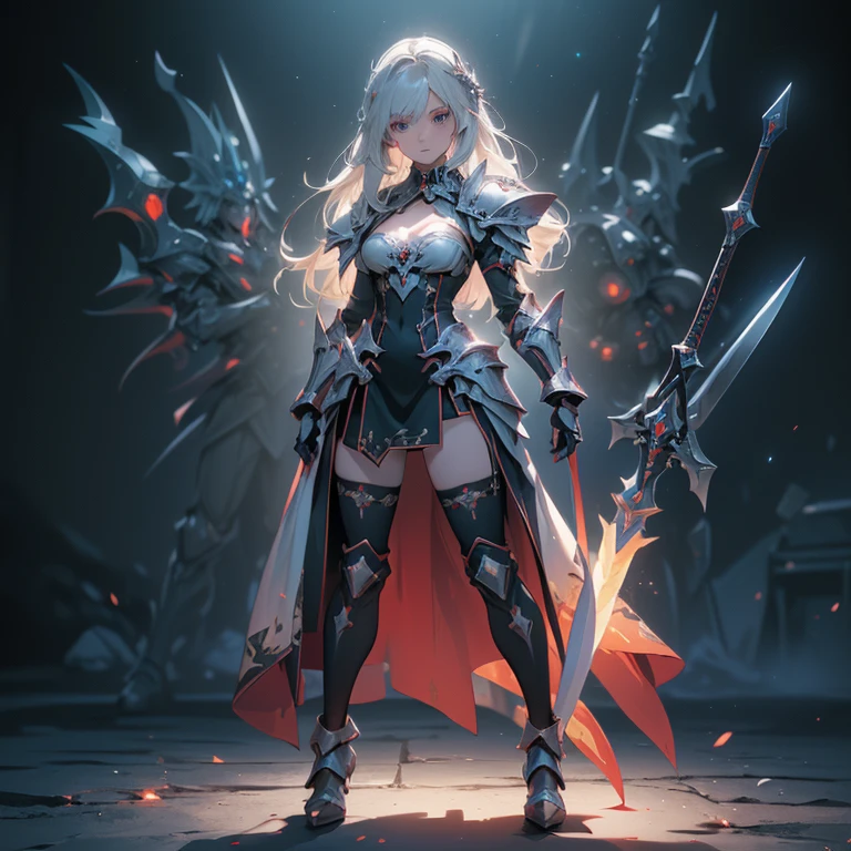 Design a layout showcase Gaming character, (1girl). Red+Black clothes, stylish and unique, ((showcase weapon:1.4)), flaming sword, (masterpiece:1.2), (best quality), 4k, ultra-detailed, (Step by step design, layout art:1.5), (luminous lighting, atmospheric lighting), demon, ((glove full hands)), (((revealing clothes:1.3))), vambraces, armored legwear, (((full_body_shot:1.4))).