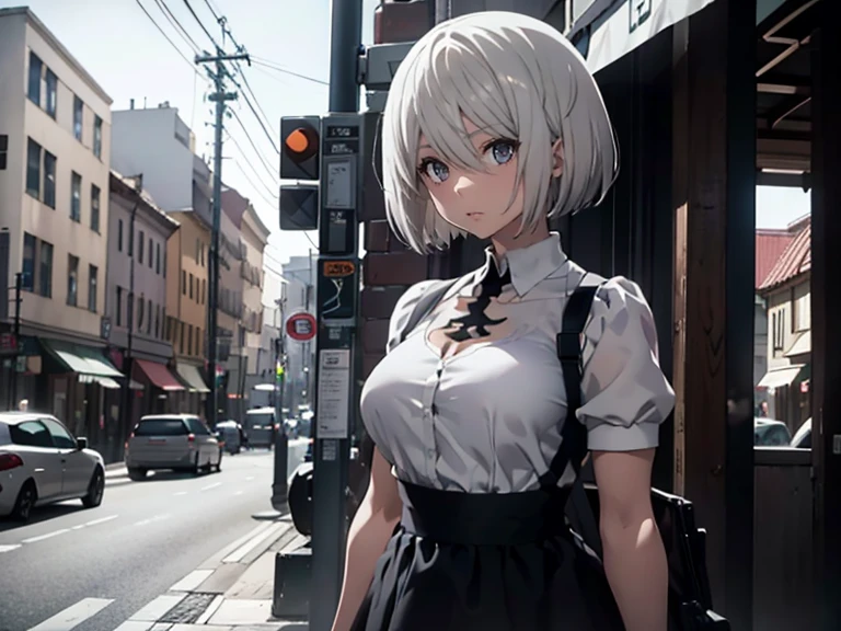 ヨルハ2b,
本物の人形,フィギュアのような肌,白い肌,
白のシャツ,黒ミニスカート,ブラックエプロン,
ボブカットヘア,銀髪,白い目,
高い,小さい胸,下乳が露出,見下ろす,直立姿勢,正面から,

一人の女性,顔にズームイン,光が差し込む,市街地,バス停,手をつないで,
美しい画質,繊細な色合い,4k,