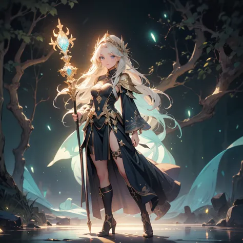 A stunning artwork of a majestic female character standing in an enchanting, mystical landscape. The full-body view showcases he...