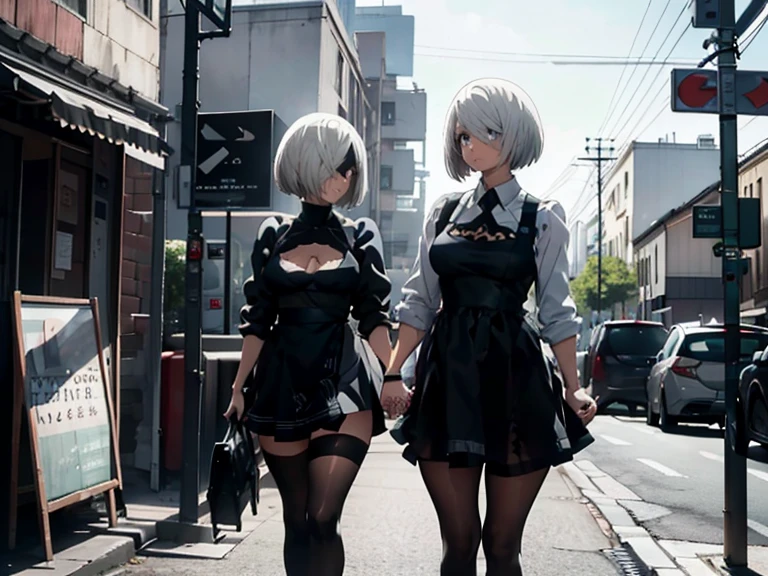 ヨルハ2b,
本物の人形,フィギュアのような肌,白い肌,
白のシャツ,黒ミニスカート,ブラックエプロン,
ボブカットヘア,銀髪,白い目,
高い,小さい胸,下乳が露出,見下ろす,直立姿勢,正面から,

顔にズームイン,光が差し込む,市街地,バス停,手をつないで,
美しい画質,繊細な色合い,4k,