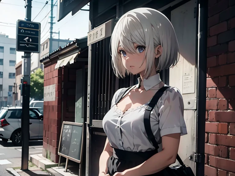 Yorha 2B,
Real Doll,Figure-like skin,White skin,
White shirt,Black mini skirt,Black apron,
Bob cut hair,Silver Hair,White eyes,
tall,Small breasts,Lower milk exposed,Looking down,Upright posture,from the front,

Zoom in on face,The light shines through,Urban area,Bus Stop,Holding hands,
Beautiful image quality,Delicate shades,4K,