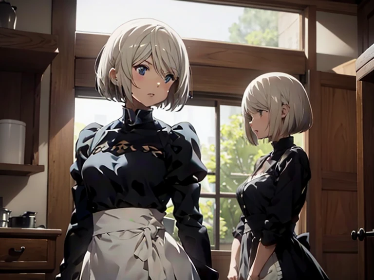 Yorha 2B,
Real Doll,Figure-like skin,White skin,
White shirt,Long skirt,apron,
Bob cut hair,Silver Hair,White eyes,
tall,Small breasts,Lower milk exposed,Looking down,Upright posture,from the front,

Overall image,The light shines through,Room at home,indoor,
Beautiful image quality,Delicate shades,4K,