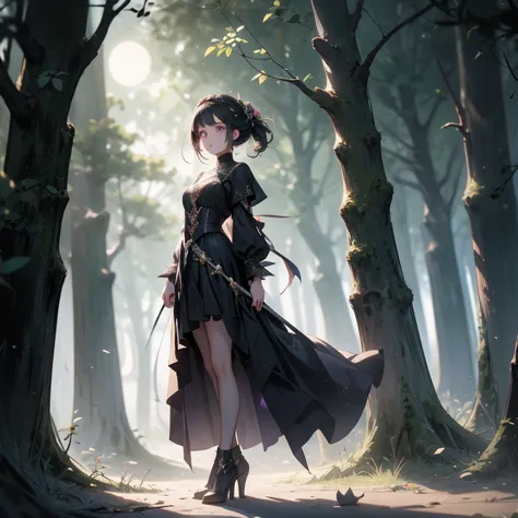 a captivating artwork of a darkly enchanting female character in a shadowy, magical setting. the full-body view reveals her in d...