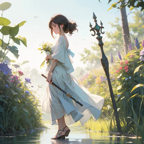 a serene artwork of a calming female character in a peaceful, natural setting. the full-body view presents her in flowing white ...