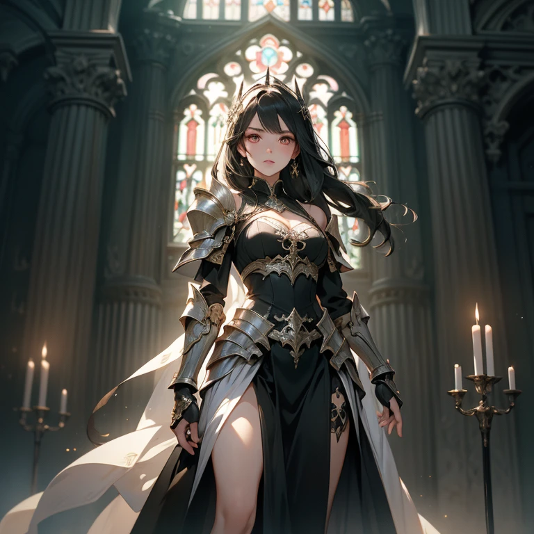 A breathtaking artwork of a female character of unimaginable beauty, set in a dark and opulent environment. The full-body view reveals an impressive figure, exuding an aura of power and mystery. She wears black and gold clothes, radiating a luxurious darkness. Her armor is detailed and characteristic, with intricate golden designs that shimmer in the dim light. Ornate shoulder pads protect her shoulders, and the armor perfectly molds to her body, accentuating her formidable presence. Her long black hair flows like a river of darkness, contrasting with her mesmerizing scarlet eyes. Her beauty is almost supernatural, a perfect blend of grace and menace. She wields a cursed blade that seems to pulse with malevolent energy, enhancing her aura of danger. The setting around her is a gothic and luxurious environment, with dark arches and stained glass windows that filter a supernatural light. In the background, candles flicker, casting dancing shadows on the intricately carved stone walls. It is a place that blends elegance and terror, perfectly reflecting the essence of the character.