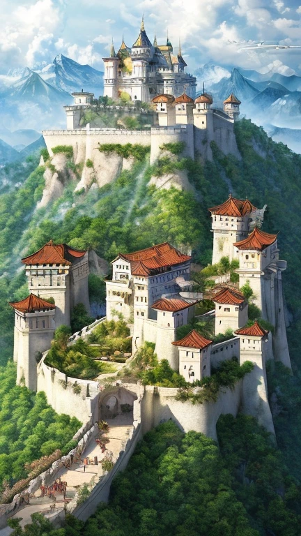 ８ｋ、最高masterpiece、super huge mountain、The Alps、White marble fortress in the forest、A walled city around a citadel、Birds in the sky are flying、Nice views、Wonderful nature、 Sophisticated and spiritual, Fantasy、High resolution、highest quality、masterpiece