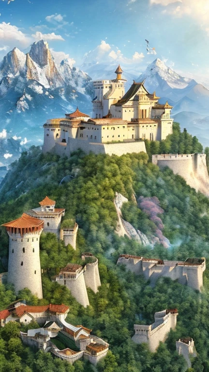 ８ｋ、最高masterpiece、super huge mountain、The Alps、White marble fortress in the forest、A walled city around a citadel、Birds in the sky are flying、Nice views、Wonderful nature、 Sophisticated and spiritual, Fantasy、High resolution、highest quality、masterpiece