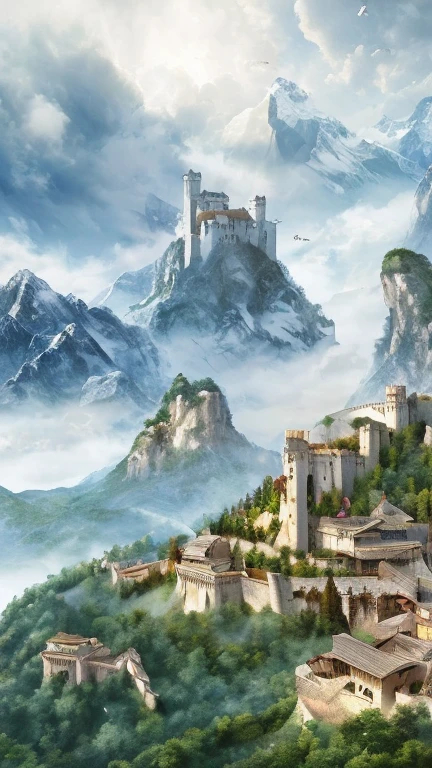 ８ｋ、最高masterpiece、super huge mountain、The Alps、White marble fortress in the forest、A walled city around a citadel、Birds in the sky are flying、Nice views、Wonderful nature、 Sophisticated and spiritual, Fantasy、High resolution、highest quality、masterpiece