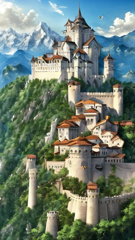 ８ｋ、最高masterpiece、super huge mountain、The Alps、White marble fortress in the forest、A walled city around a citadel、Birds in the sky are flying、Nice views、Wonderful nature、 Sophisticated and spiritual, Fantasy、High resolution、highest quality、masterpiece