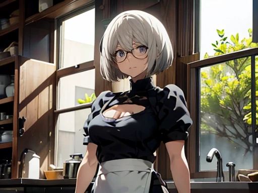 Yorha 2B,
Real Doll,Figure-like skin,White skin,
White off-the-shoulder leotard,Black apron,Glasses,
Bob cut hair,Silver Hair,White eyes,
tall,Big Breasts,Lower milk exposed,Expressionless,Upright posture,from the front,

whole body,The light shines through,Indoors at home,Cleaning services,Hold the deck brush in your left hand,Floor cleaning,
Beautiful image quality,Delicate shades,4K,