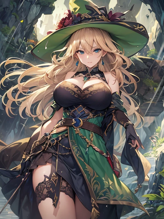 ８ｋ、最高masterpiece、Seen from the front、1 Female, witch, Earrings, Mature Woman, , (Long Hair), Blonde Hair, Big breasted anime women, A look of sexual desire、Sensual Body、 Side Arm, Sideboob, Curvy but slim, Perfect body,Sensual Body 深い紫色のローブ, belt, Cleavage, Very large breasts, Curved waist、Big Ass、Female protagonist, gloves, masterpiece, ((highest quality)), Milfication, Realistic shadows, original, background, Rainy, Wet, dark, Moist, ( cave ), green costume and witch hat, Dominant, Beauty and Magnificence, Sexy Outfits, Skimpy, Dynamic Angle, (Roleplaying), jRoleplaying, ( fantasy genre )