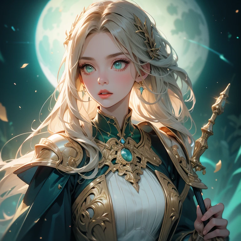 (masterpiece, best quality, 8k), a beautiful girl in a garden,(full body) 1 girl, detailed realistic face, (detailed green eyes, detailed lips, long eyelashes), (perfect long golden hair), elegant sci-fi dress, sci-fi mage robe, shoulder armor pad, casting spell with her staff, intricate staff, ornated staff, (blue energy, blue spells, blue aura), perfect hands, perfect body, perfect face, moonlight, natural environment, realistic lighting, cinematic, intricate details, highly detailed, hyper realistic, vibrant colors
