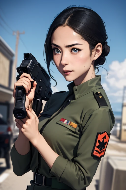 survival game、Black combat uniform、survival gameのフィールド、A beautiful girl is holding a pistol、head to waste、