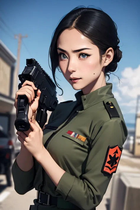 survival game、Black combat uniform、survival gameのフィールド、A beautiful girl is holding a pistol、head to waste、