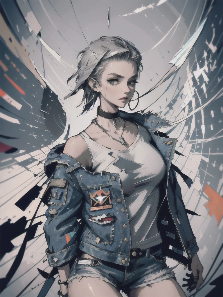 (masterpiece:1.2, best quality), (1lady, solo, upper body:1.2), Hair: buzz cut, Clothing: oversized, distressed denim jacket with patches and pins, paired with black skinny jeans and combat boots, Accessories: silver hoop earrings and a black choker necklace, Hanging out in an underground music venue or street art exhibit