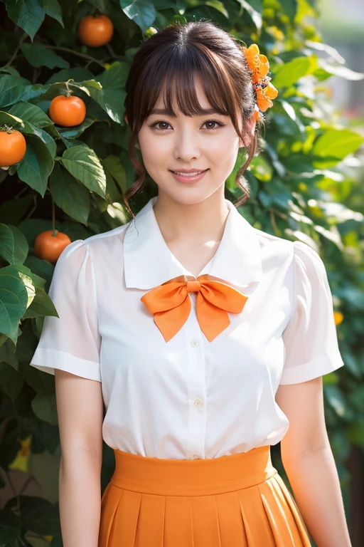 Medium display, Medium Shot, Depth of written border, bust, Upper Body, Movie angle, masterpiece, highest quality, Very detailed, CG, 8k wallpaper, Beautiful Face, Delicate eyes, Otome, alone, smile, bangs, skirt, shirt, have, persimmon orange色のドレス, bow, petal, bouquet