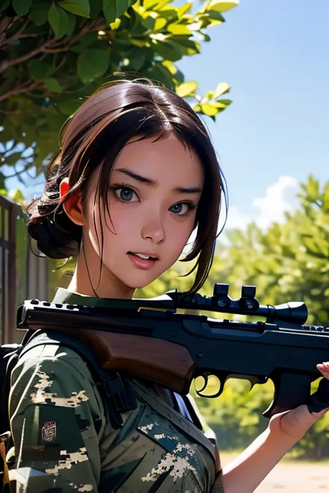 survival game、Camouflage、survival gameのフィールド、A beautiful girl is holding a rifle、head to waste、