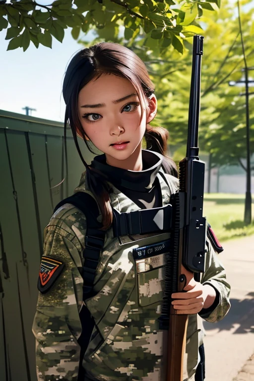 survival game、Camouflage、survival gameのフィールド、A beautiful girl is holding a rifle、head to waste、