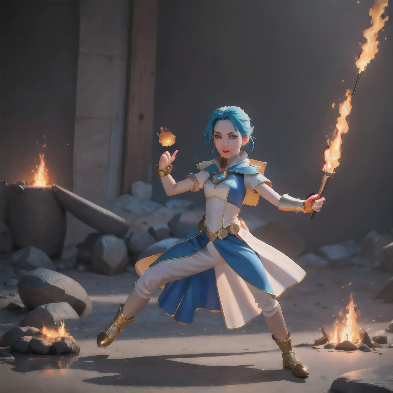 there is a girl with blue hair and a white dress holding a fire, ice sorceress, the sorceress casting a fireball, fantasy character photo, casting fire spell, (octane render) fantasy style, ice and fire, a sorceress casting a ice ball, realistic fantasy render, she has fire powers, ice mage, fantasy photoshoot , arafed(((Perfect college student))