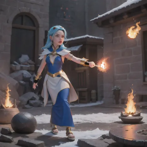 there is a girl with blue hair and a white dress holding a fire, ice sorceress, the sorceress casting a fireball, fantasy charac...