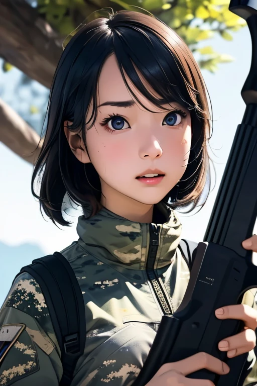 survival game、Camouflage、survival gameのフィールド、A beautiful girl is holding a rifle、head to waste、