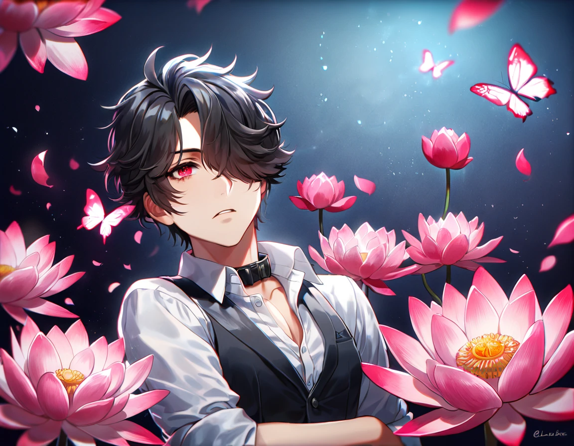 (absurdres, highres, ultra detailed, HDR), masterpiece, best quality, Louis, somewhat untamed black hair, hair over the right eye, expressive red eyes, Code Vein, solo, sexy man, handsome, white shirt with rolled-up sleeves, with the collar unbuttoned; over this, he wears a vest that gradually fades from red to black, water, pink lotus, pink butterflies, pink petals, blossoms, fantasy, magical