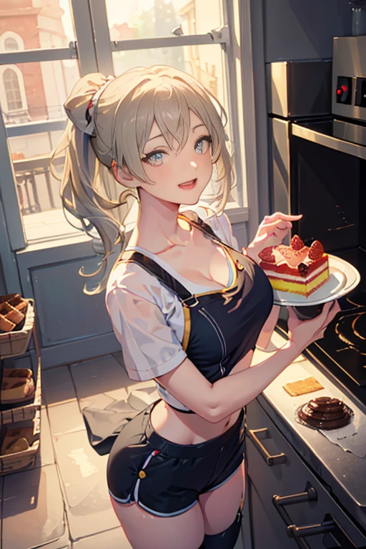 (dynamic angle:1.3, front view:1.1, breast focus:1.3, from above:1.1), (dynamic posing:1.2, sexy posing:1.2), (seductive smiling:1.3), ((looking at cake,Taking a cake out of the golden oven, worried about the outcome:1.2)),highest quality、(real、photorealistic:1.4),(ultra high resolution, 8K RAW photo, clear focus), best qualtiy, natural lighting, field depth, (Bright pupils, detailed beautiful eyes, high detailed face), Red lip, (tight focus:1.2), a girl 22yo old, Wearing a pastry chef uniform:1.3 , Thicc, thin breast, long hair, blue eyes,garter stocking, cleavage:1.2, midriff, black shorts, black thighhighs, thigh strap, pretty girl, (highly detailed beautiful face and eyes,firm breasts),real skin,((black,hair,long pony tail hair)),thin pubic hair,cute,lovely, detailed eyes,(double breasted:1.0,under bust:1.0),(with sparkling eyes and a contagious smile),open mouth, Looking at Viewer,A scene of cooking in the kitchen,looking at the golden oven
