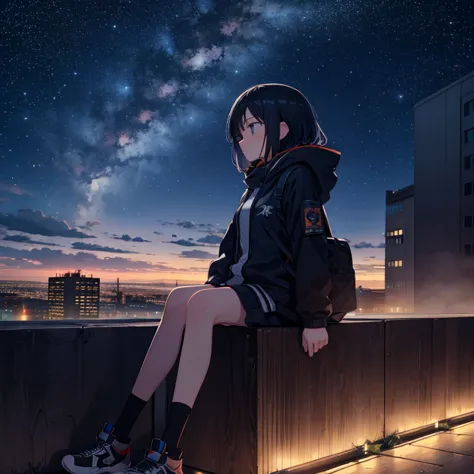 octane, null, star (null), scenery, starry null, night, one girl, night null, alone, outdoor, building, cloud, milky way, sittin...