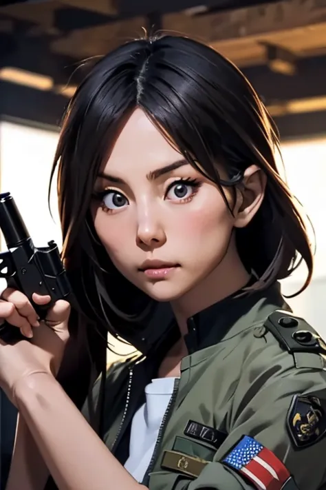 survival game、Black combat uniform、survival gameのフィールド、A beautiful girl is holding a pistol、head to waste、