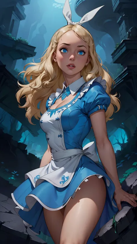 (la mejor calidad,a high resolution,ultra - detallado,actual),alice wonderland, vestido corto azul, medias white muslo, cabello ...