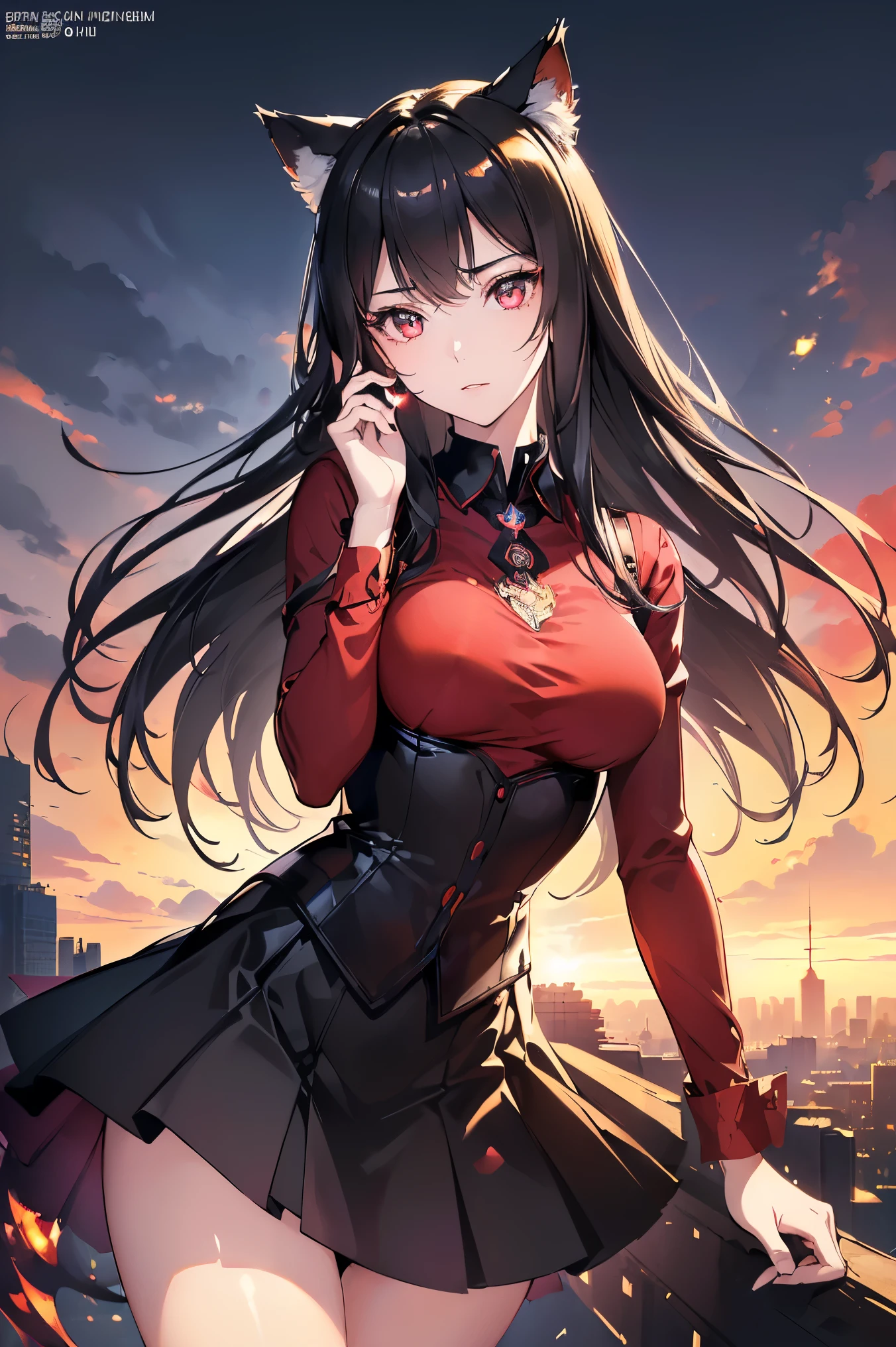 (Cat girl), (smoking), cat ears, black hair, business casual attire, cool, red dress shirt, pretty red eyes, cat tail, ((Crimson Red Eyes eyes: 1.3, Upturned Eyes: 1, Perfect Eyes, Beautiful Detailed Eyes, Gradient eyes: 1, Finely Detailed Beautiful Eyes: 1, Symmetrical Eyes: 1, Big Highlight On Eyes: 1.2)), (((Lustrous Skin: 1.5, Bright Skin: 1.5, Skin Fair, Shiny Skin, Very Shiny Skin, Shiny Body, Plastic Glitter Skin, Exaggerated Shiny Skin, Illuminated Skin))), (Detailed Body, (Detailed Face)), (((Skirt))), High Resolution, Sharp Focus, Ultra Detailed, Extremely Detailed, Extremely High Quality Artwork, (Realistic, Photorealistic: 1.37), 8k_Wallpaper, (Extremely Detailed CG 8k), (Very Fine 8K CG), ((Hyper Super Ultra Detailed Perfect Piece)), (((Flawless masterpiece))), Illustration, Vibrant Colors, (Intricate), High Contrast, Selective Lighting, Double Exposure, HDR (High Dynamic Range), Post-processing, Background Blur, (Sexy pose), (Mature woman), big sis