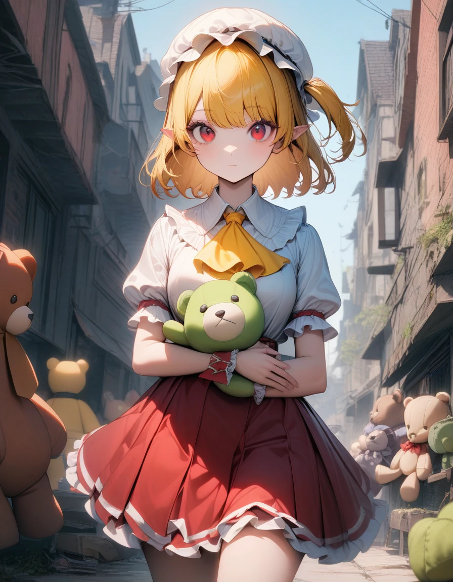 One girl, Flanders Scarlet, East, Have, Mob Cap, alone, Blonde Hair, stuffed toy, red Best, wing, 動物のstuffed toy, teddy bear, Red eyes, crystallization, Best, White Hat, Outdoor, Short sleeve, One side up, Holding, Puffy sleeves, skirt, shirt, Pointed Ears, red skirt, View Viewer, puffy Short sleeve, Ascot, yellow Ascot, Wrist cuff, white shirt, Holding stuffed toy, bow, Frills, red bow, collared shirt, ribbon, frilled shirt collar, red ribbon, Medium Hair Masterpiece, highest quality, so beautiful, Absurd