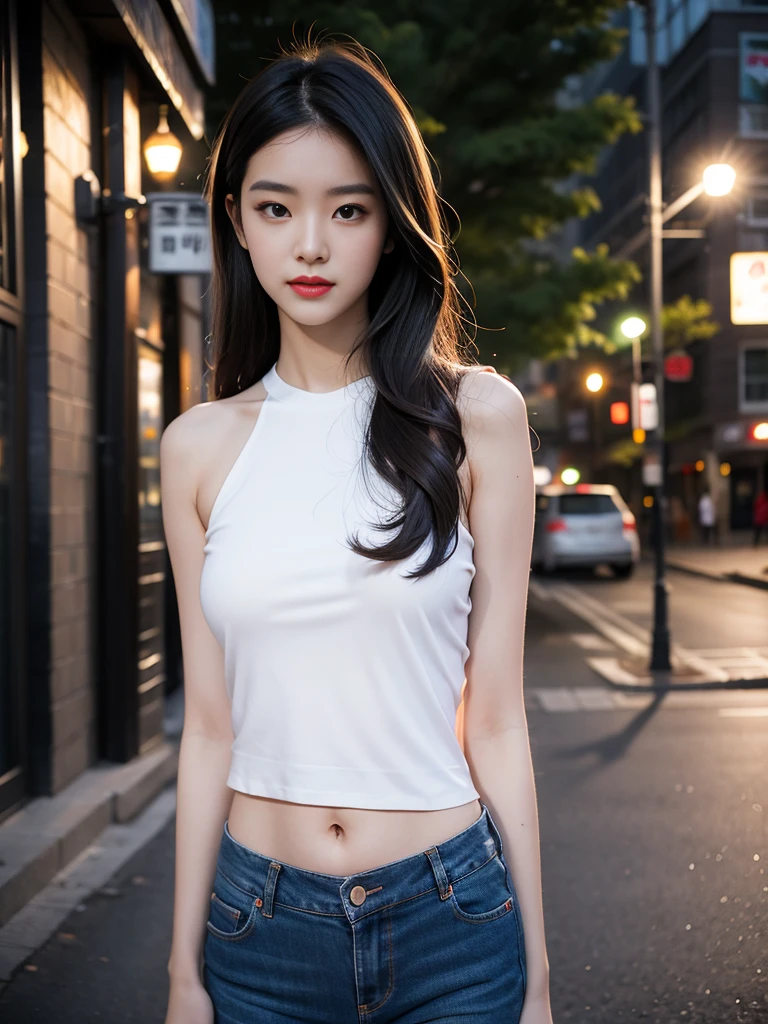 real photograph，tmasterpiece，araffed asian woman in white top and jeans standing on sidewalk, There are street lights on the streets，gorgeous korean young woman, beautiful Korean young women, beautiful Korean women, Korean girl, korean women's fashion model, taken with canon eos 5 d mark iv, Korean woman, A young Asian woman, Young Asian girl, heonhwa choe, jaeyeon nam, Young Asian woman,There are street lights in the back，There is light shining on the hair